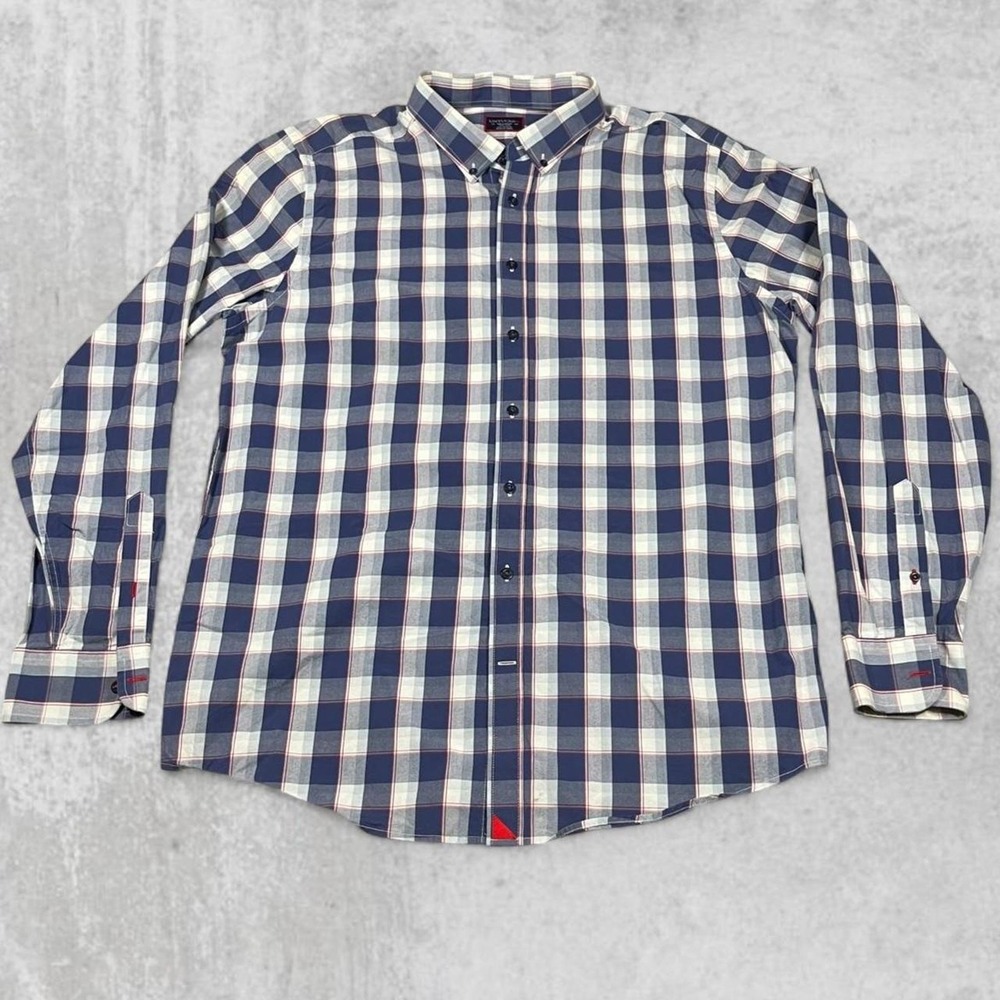 UNTUCKit Mens XX-Large Tall Slim Navy Blue Plaid Button Down Cotton Shirt XXL